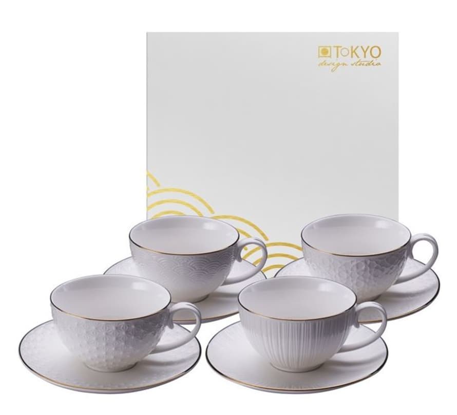 Tokyo Design Studio 180ml Cup and Saucer Nippon White - Set of 4 + Gift Box