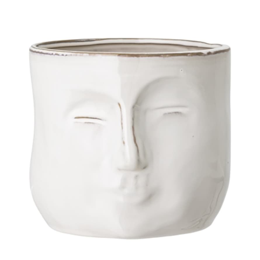 Bloomingville White Stone Plant Pot With Face Imprint