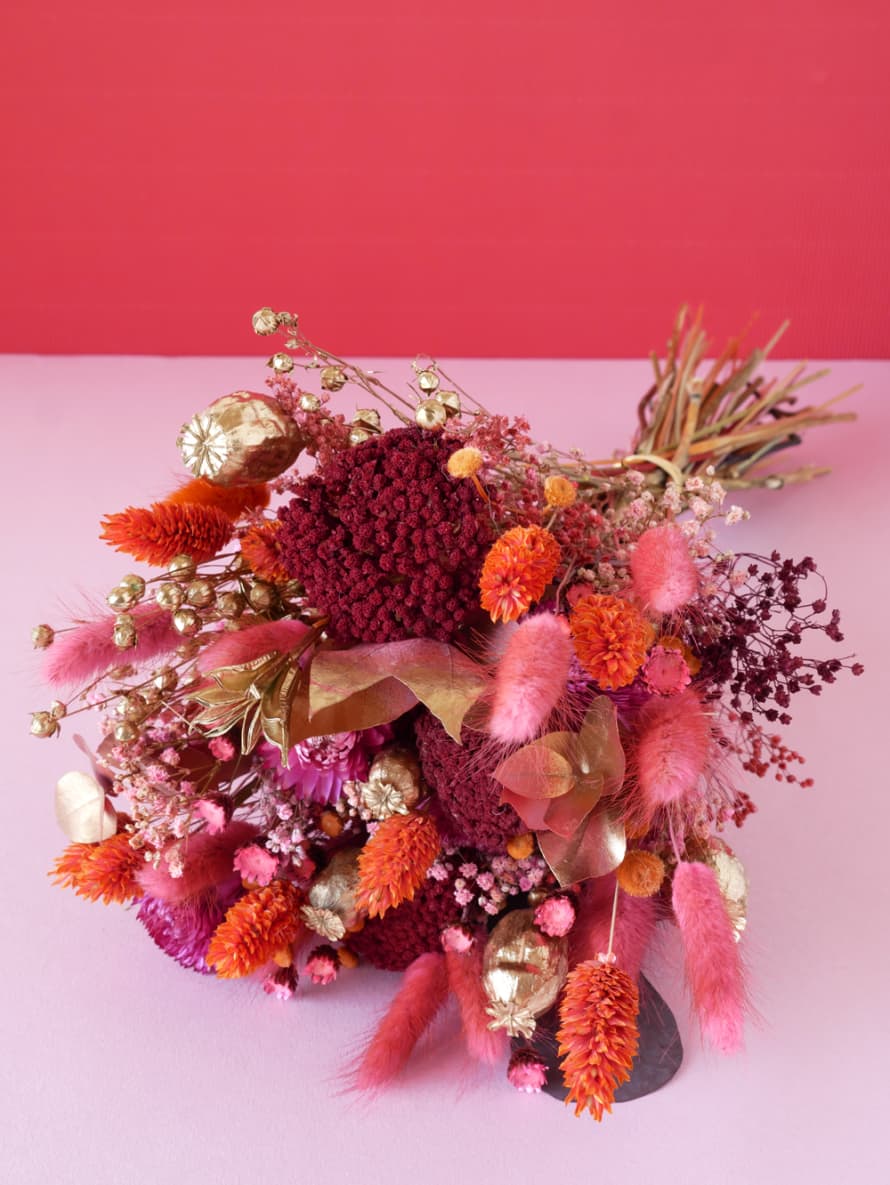 Pompon Bazar Bouquet of Dried Flowers "Fauve" Red and Gold