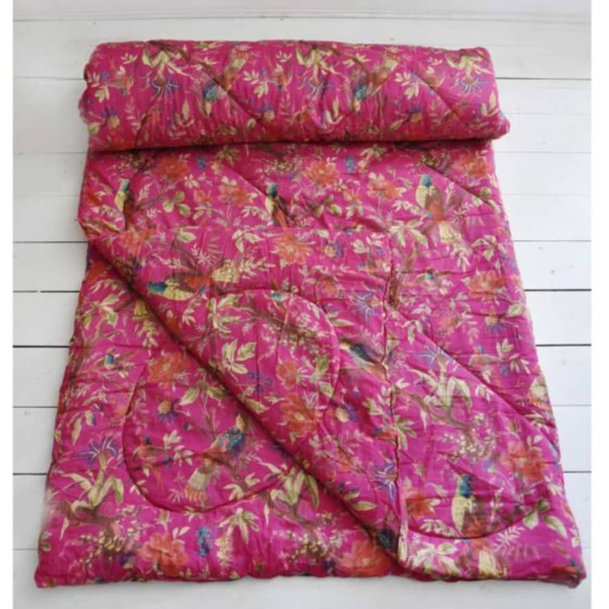 Powell Craft Hot Pink Birds of Paradise Cotton Indian Bed Quilt