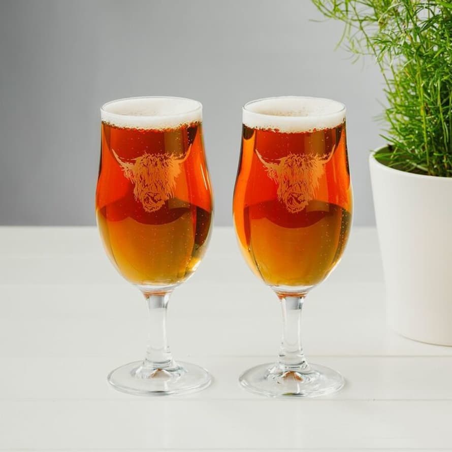 Just Slate Set of 2 Highland Cow Engraved Craft Beer Glasses