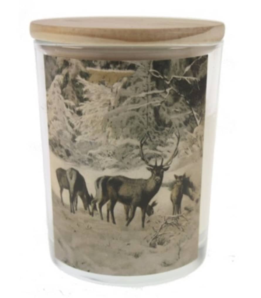 MEANDER BV  Glass Jar with Candle and Wooden Lid "Deers in the Forest"