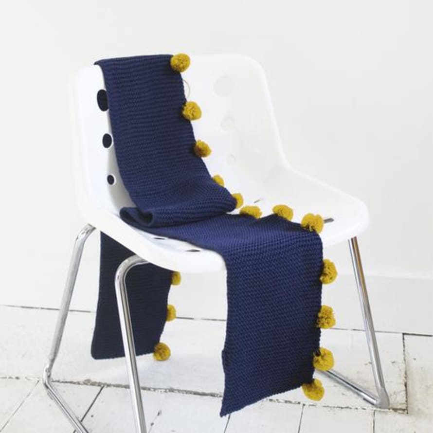 House of disaster Navy Cable Knit Scarf with Mustard Pom Poms