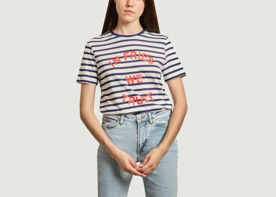 Etre Cecile Navy Blue and White Marine Breton In Fries We Trust Printed Striped T Shirt