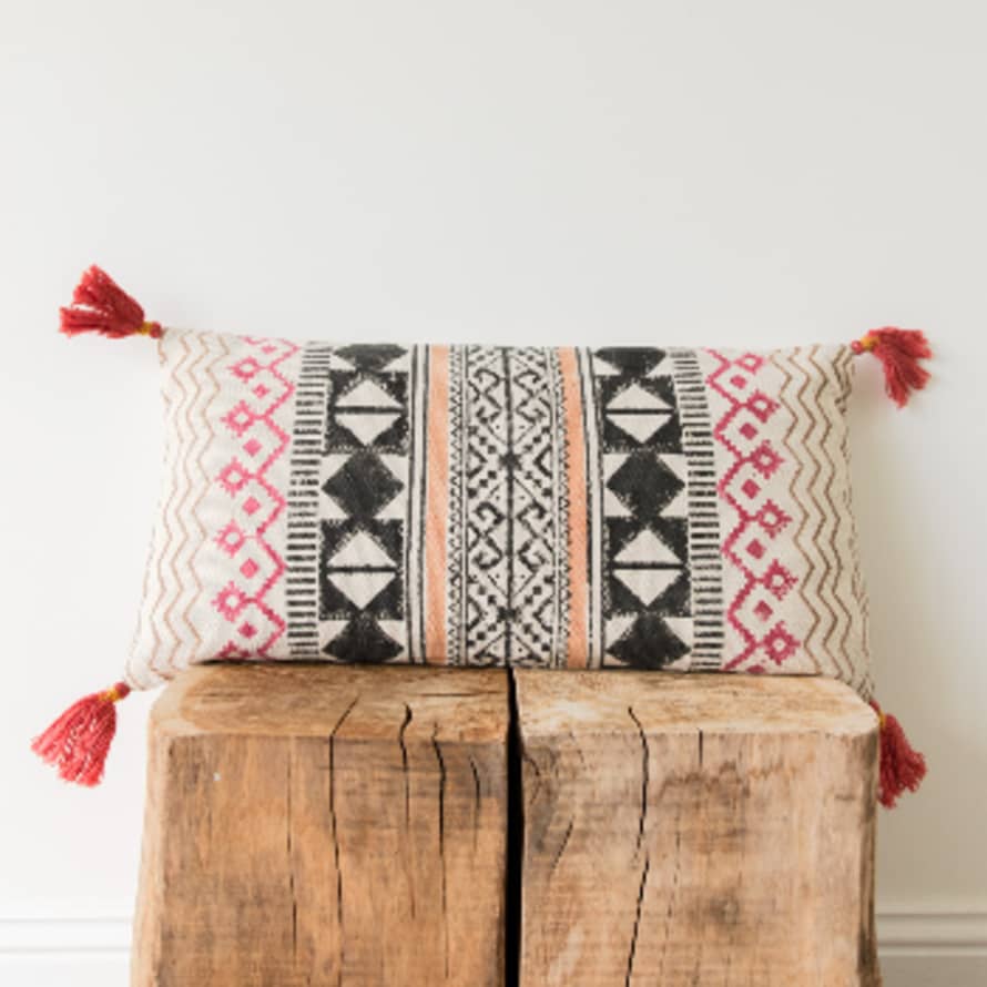 The Painted Bird Hand Block Printed Cushion With Red Tassels