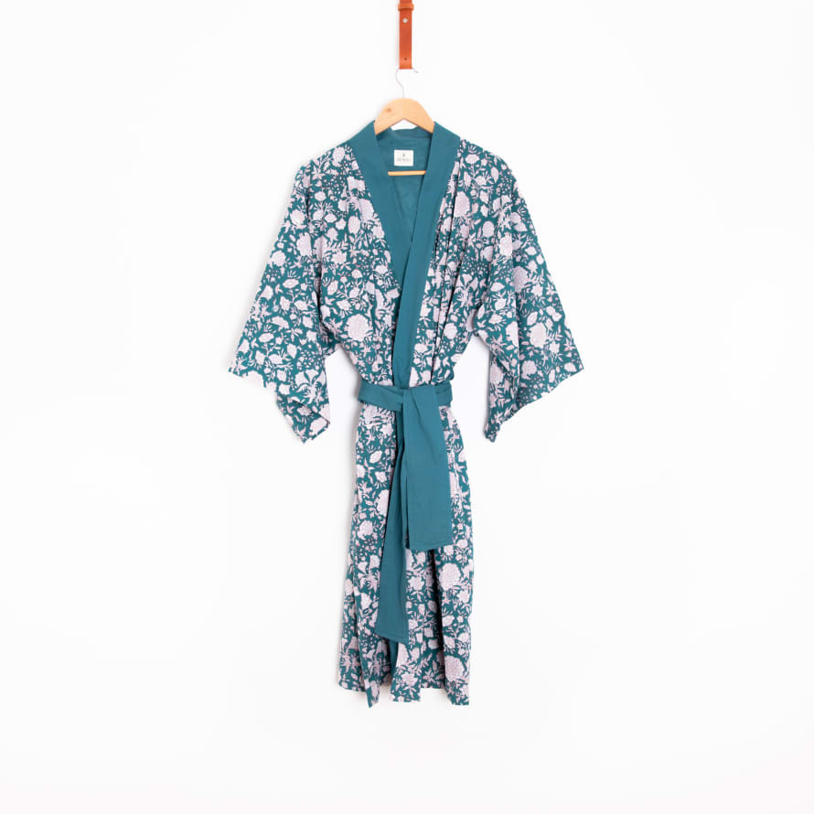 Bunti Hand Block Printed Kimono Robe Dressing Gown - Pahi