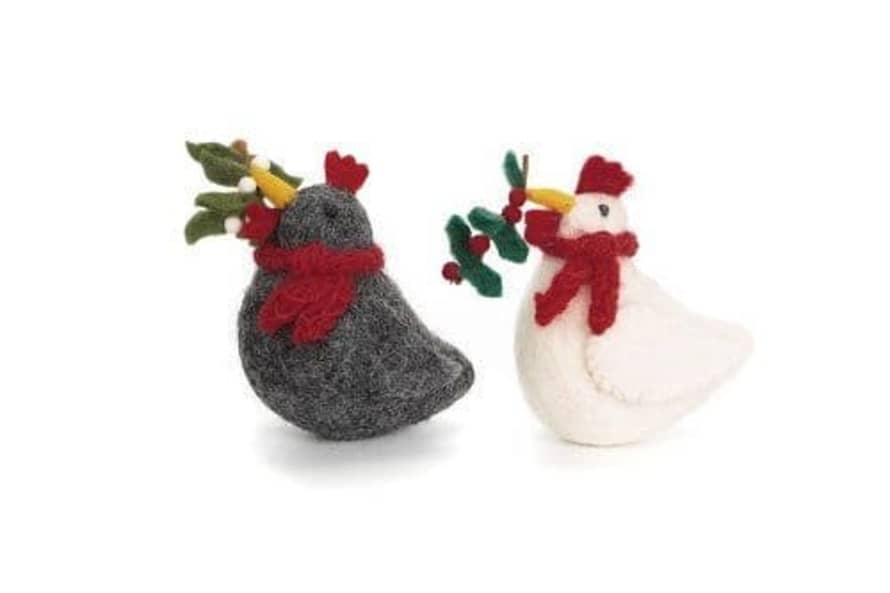 Amica Set of 2 Christmas Chickens with Mistletoe & Holly Sprigs