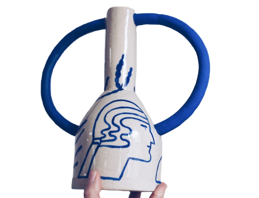 Sophie Alda Handmade Eared Flower Vase - Cream & Blue