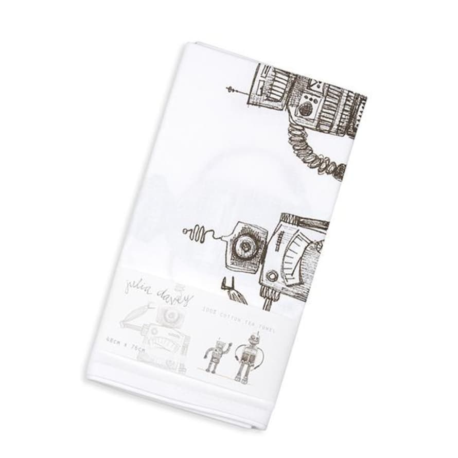 Julia Davey Cotton Seconds Mechanical Robot Printed Tea Towel