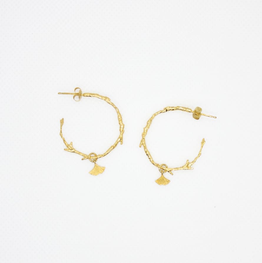 Curious & Curious Earrings with Branch Shaped Hoops and Gingko Charm