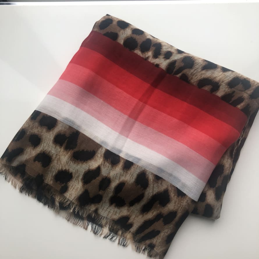 Miss Shorthair Leopard Print Scarf With Pink Stripes