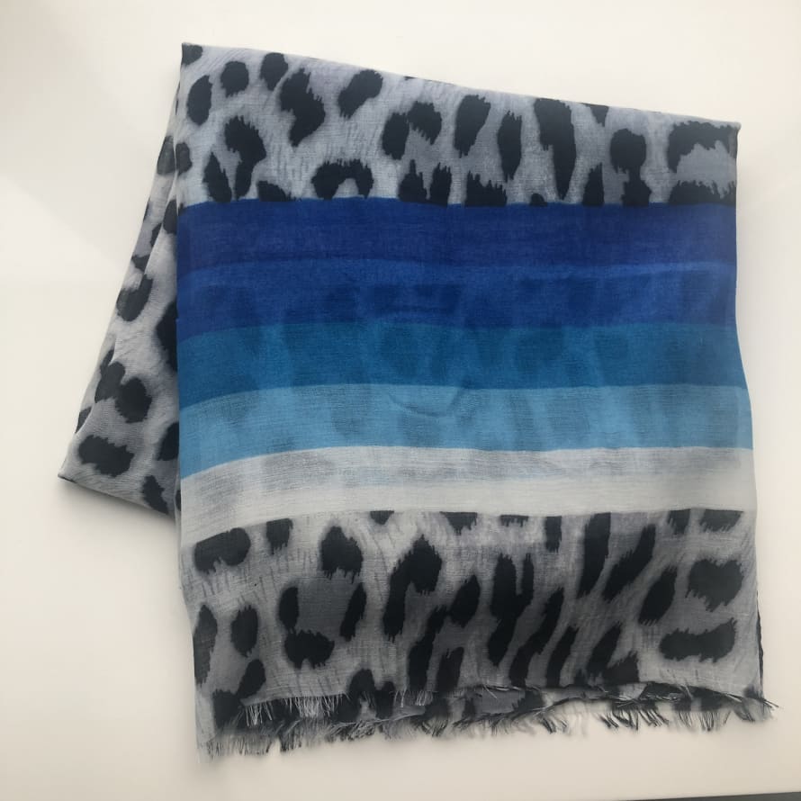 Miss Shorthair Leopard Print Scarf With Blue Stripes