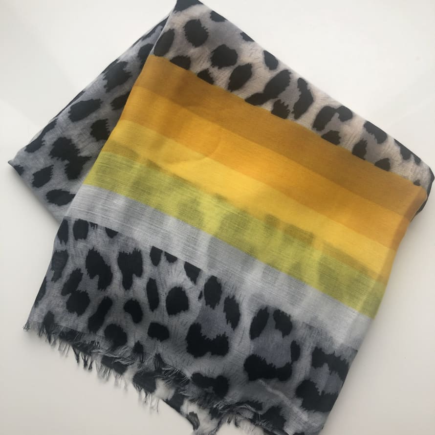 Miss Shorthair Leopard Print Scarf With Yellow Stripes