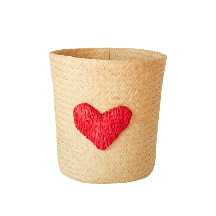 rice Natural and Red Round Raffia Basket with Heart