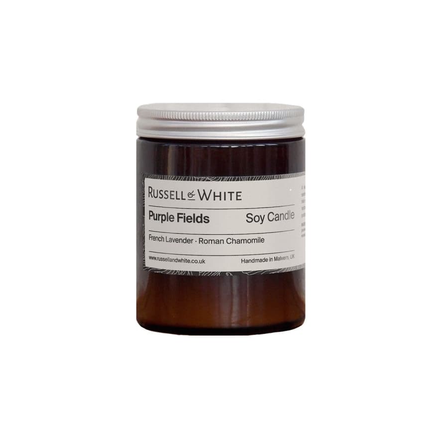 Russell & White Soy Wax Candle in Amber Glass Jar - Purple Fields