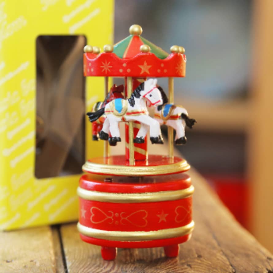 Loula and Deer Red Carousel Wooden Music Box Small