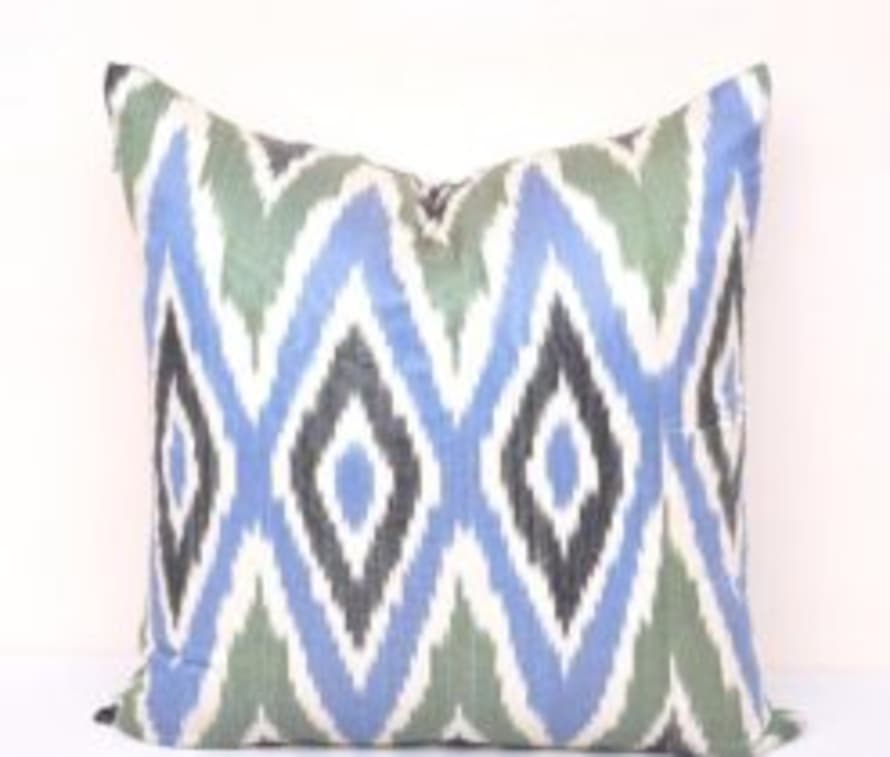 THE BROWNHOUSE INTERIORS 70% Silk 30% Cotton Ikat Handmade Cushion (Blue Green)
