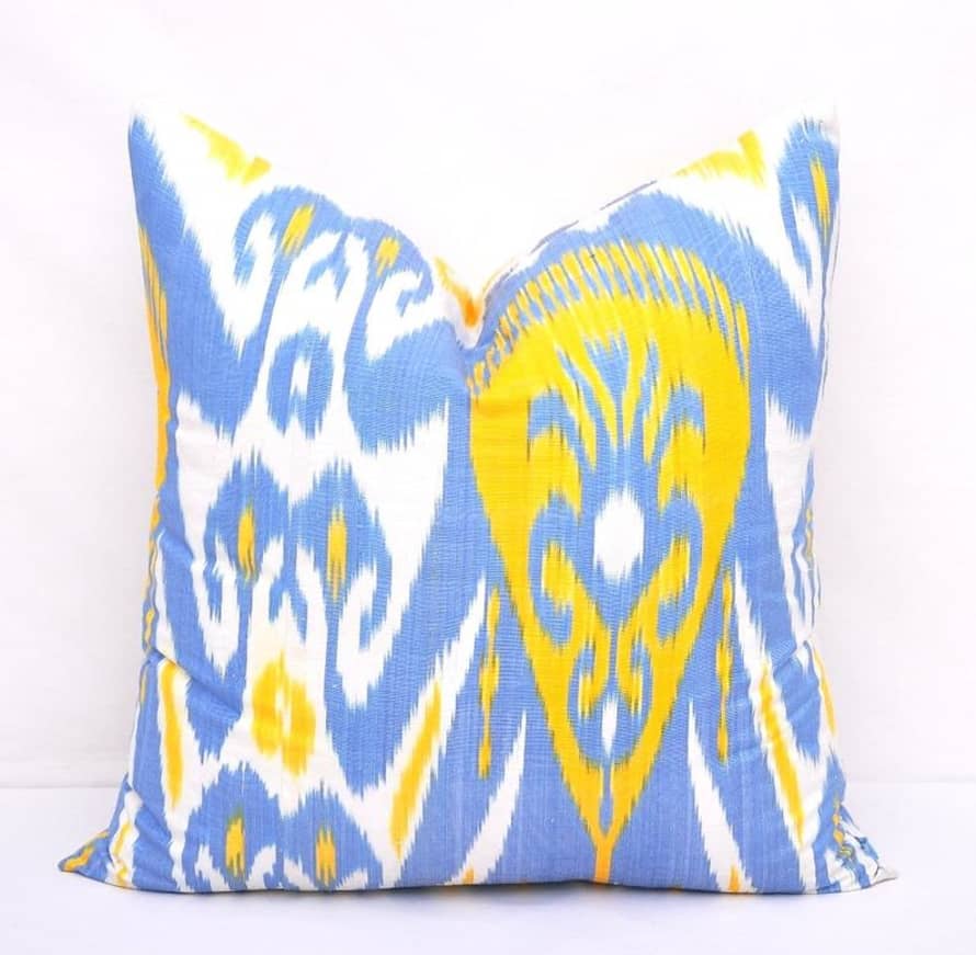 THE BROWNHOUSE INTERIORS 70% Silk 30% Cotton Ikat Handmade Cushion (Blue/Yellow)