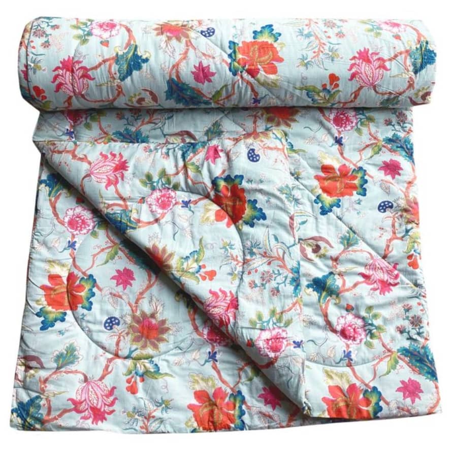 Powell Craft Blue Exotic Flower Print Cotton Indian Bed Quilt