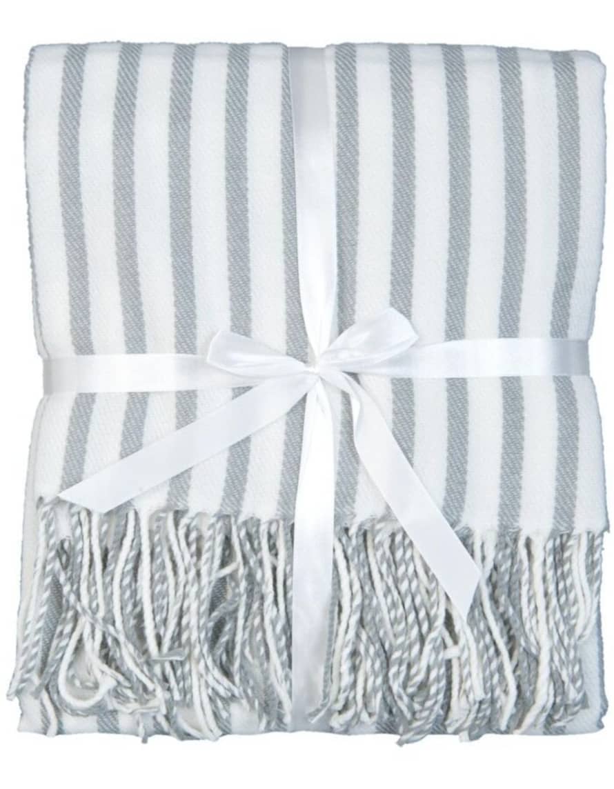 clayre & Eef Gray and White Striped Fringed Plaid