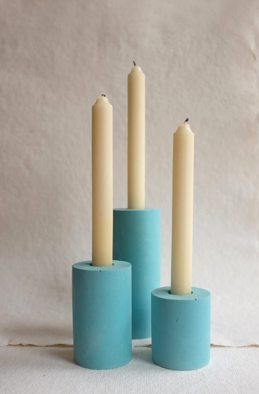 Squid Ink Studio Set of 3 Blue Column Concrete Candle Stick Holders