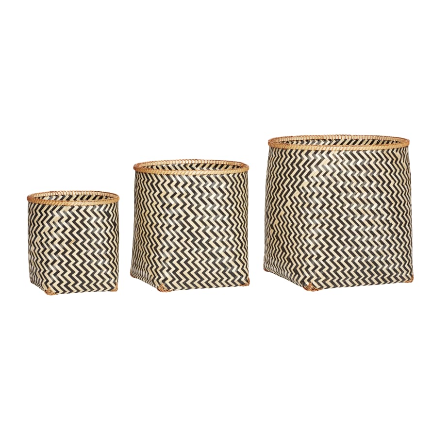 Hubsch Set of 3 Round Bamboo Baskets with Black Zig Zag Pattern