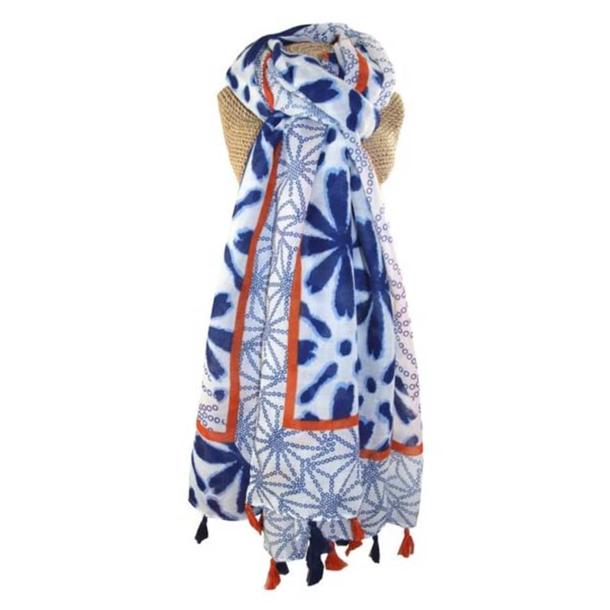 Get2Flux Tassel Pearls And Flowers Scarf Blue
