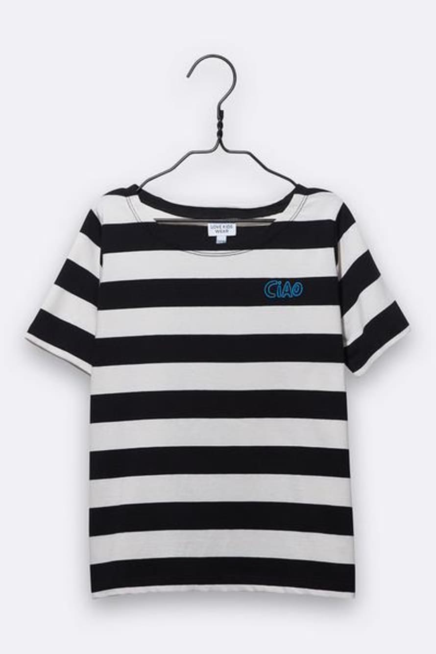 LOVE kidswear Balthasar T Shirt In Black And White Stripes With Little Ciao Embroidery For Kids