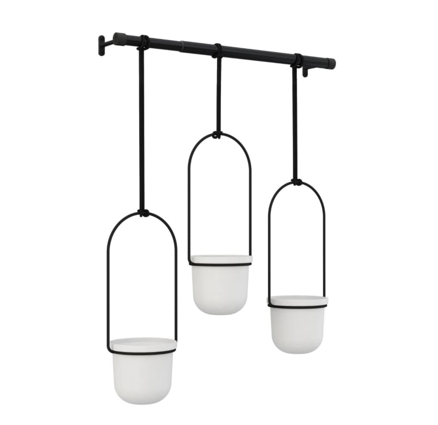 Umbra White and Black Triflora set of 3 Hanging Planters and Rod