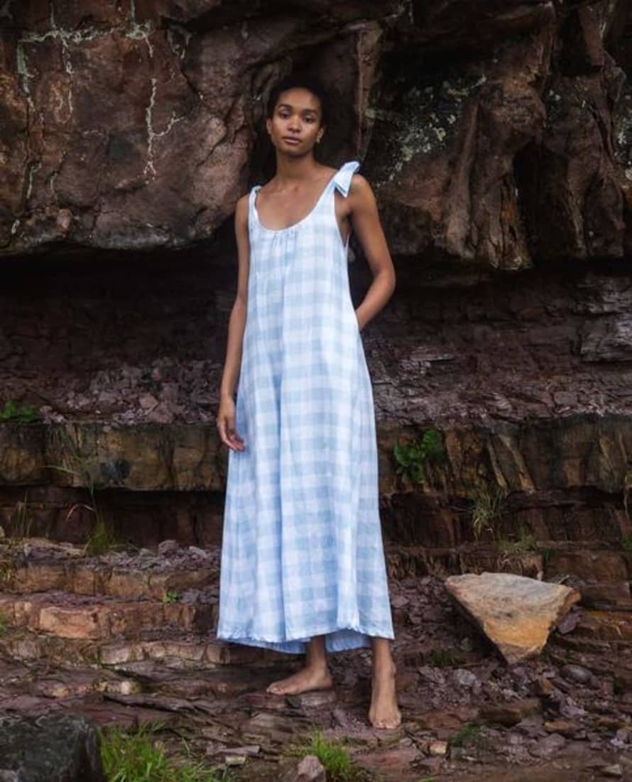 Beaumont Organic SUMMER Pansy Gee Linen Gingham Dress In Pale Blue