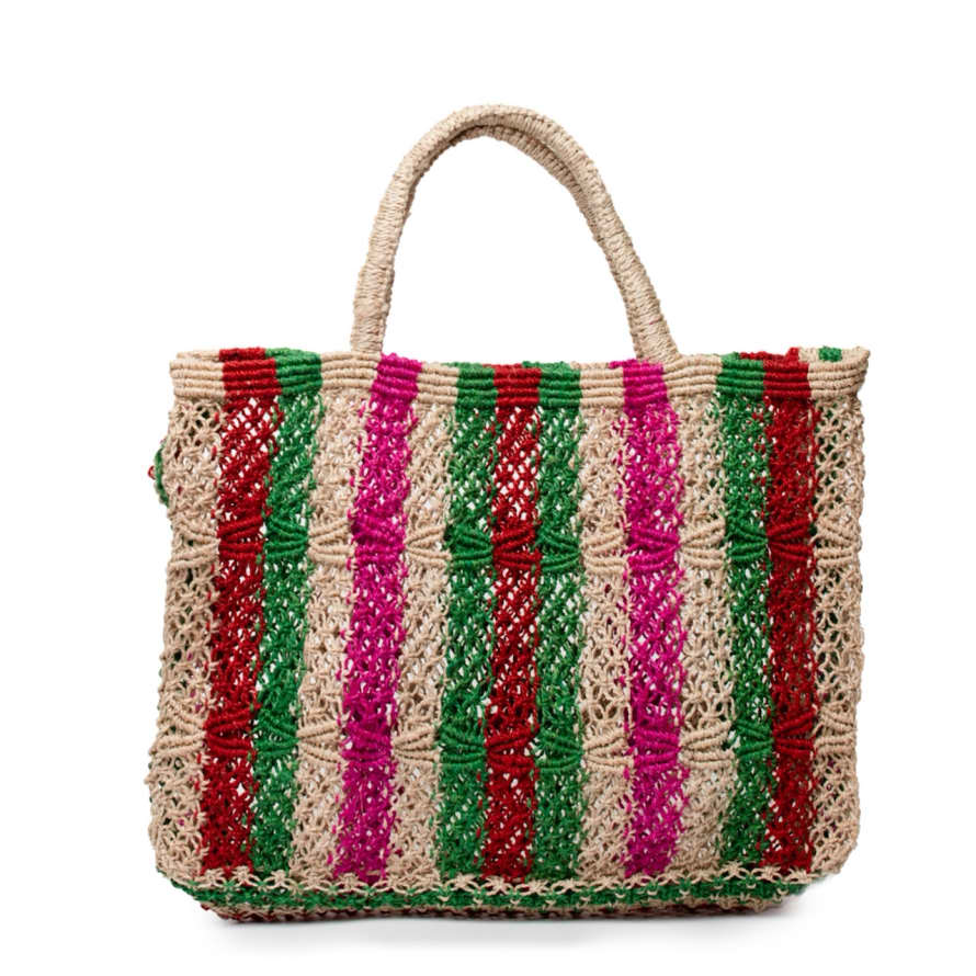 Maison Bengal Medium Pink Red and Green Jute Vertical Stripes Macrame Bag