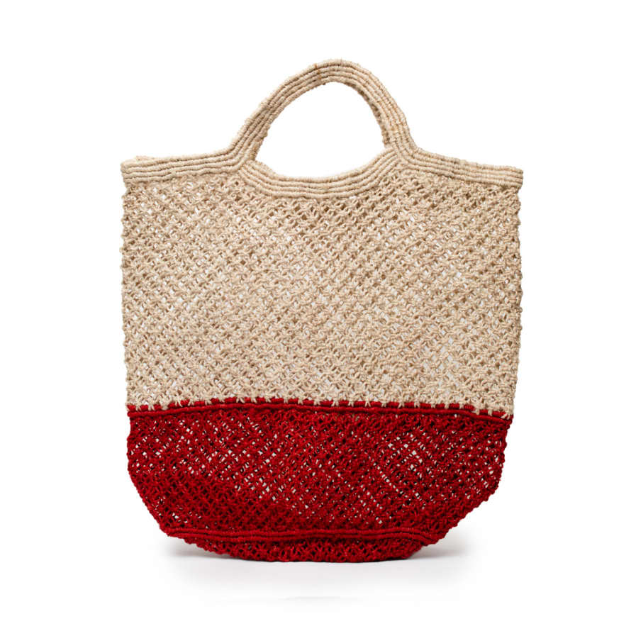 Maison Bengal Medium Red and Beige Jute Macrame Shopping Bag
