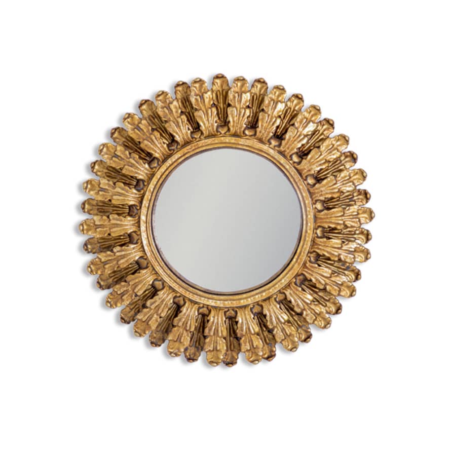 &Quirky Antique Gold Double Feathered Ornate Framed Small Convex Mirror