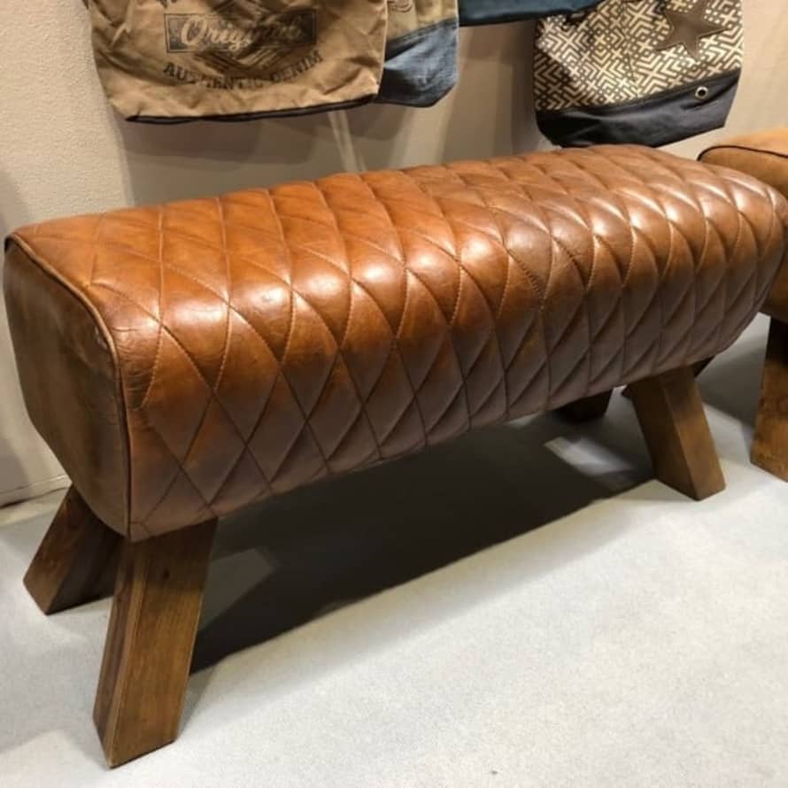 Collective Home Store Brown Leather Diamond Stitch Pommel Horse Style Bench