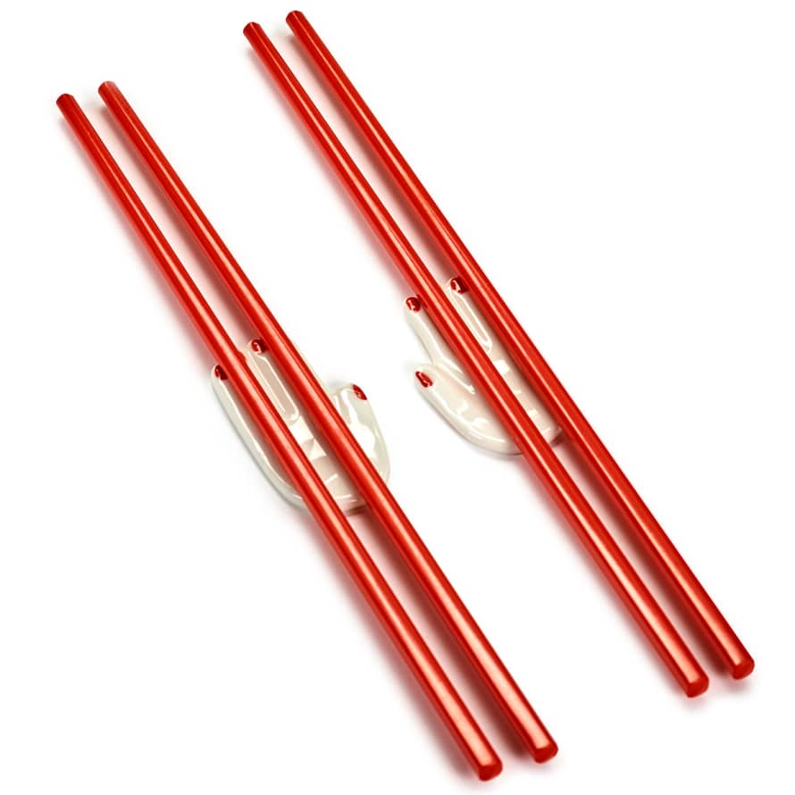 Paola Navone  Set of 2 White Chopstick Holder with Set of 4 Red Chopsticks