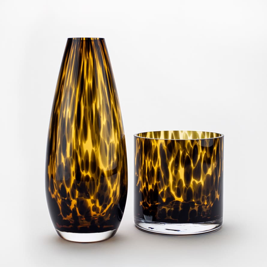 Dekocandle Set of 1 Amber Black Teardrop Leopard Vase and 1 Small Leopard Vase