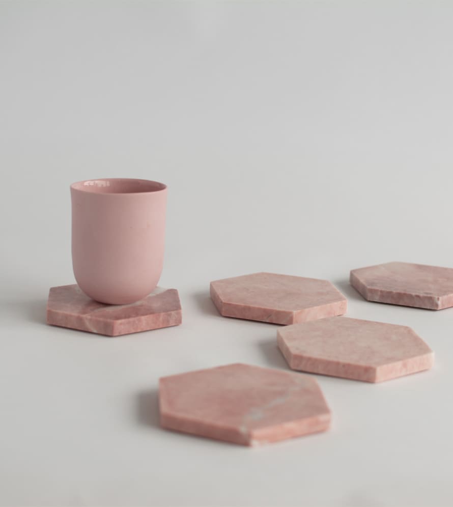 Kiwano Concept Pink Marble Hexagon Coasters