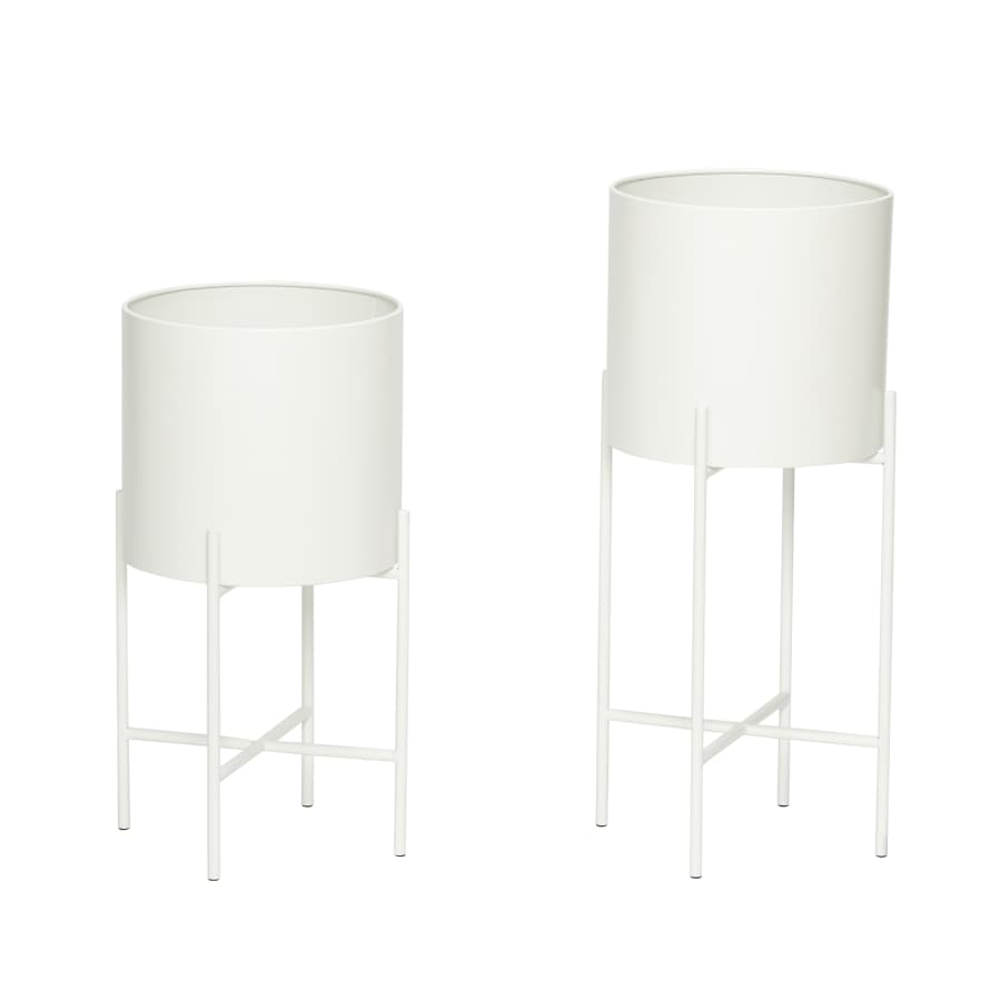 Hubsch Set of 2 white metal planter pots on stand