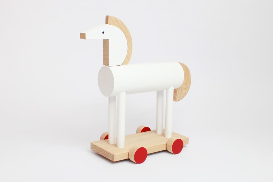 Kutulu Mini Wooden Riding Horse Toy in White & Red Wheels