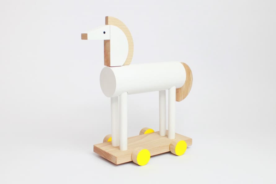 Kutulu Mini Wooden Riding Horse Toy in White & Yellow Wheels