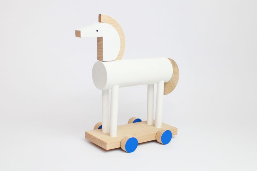 Kutulu Mini Wooden Riding Horse Toy in White & Blue Wheels