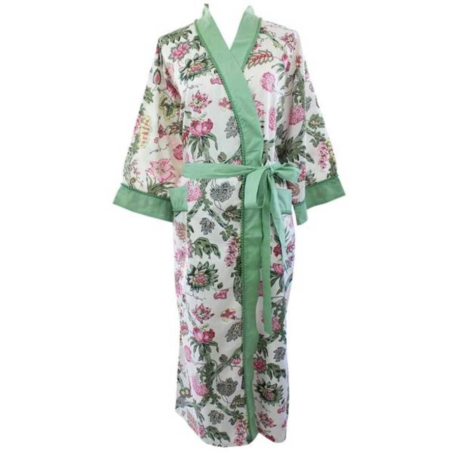 livs Dressing Gown White Pink Floral Green Trim