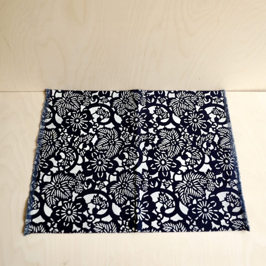Blue Handed Table Place Mat With Indigo Blue White Floral Patterns