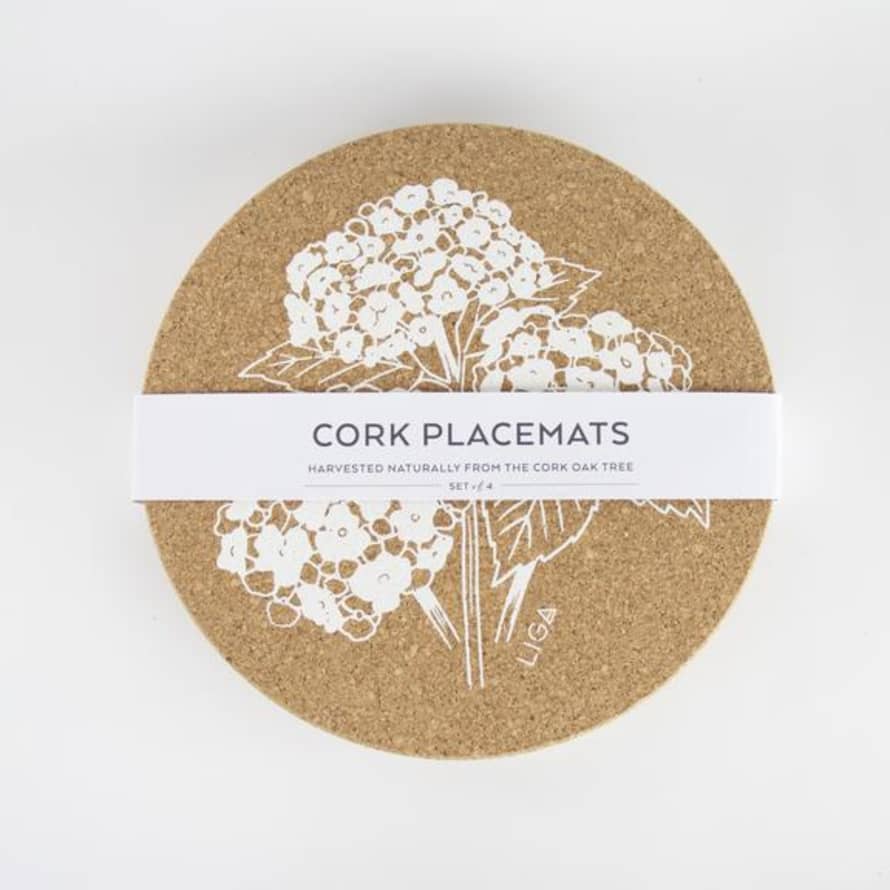 Love Liga Set of 4 Round Hydrangea Cork Placemat