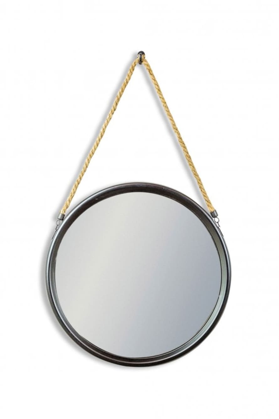 The Home Collection Round Ship Mirror On Hanging Rope In Black