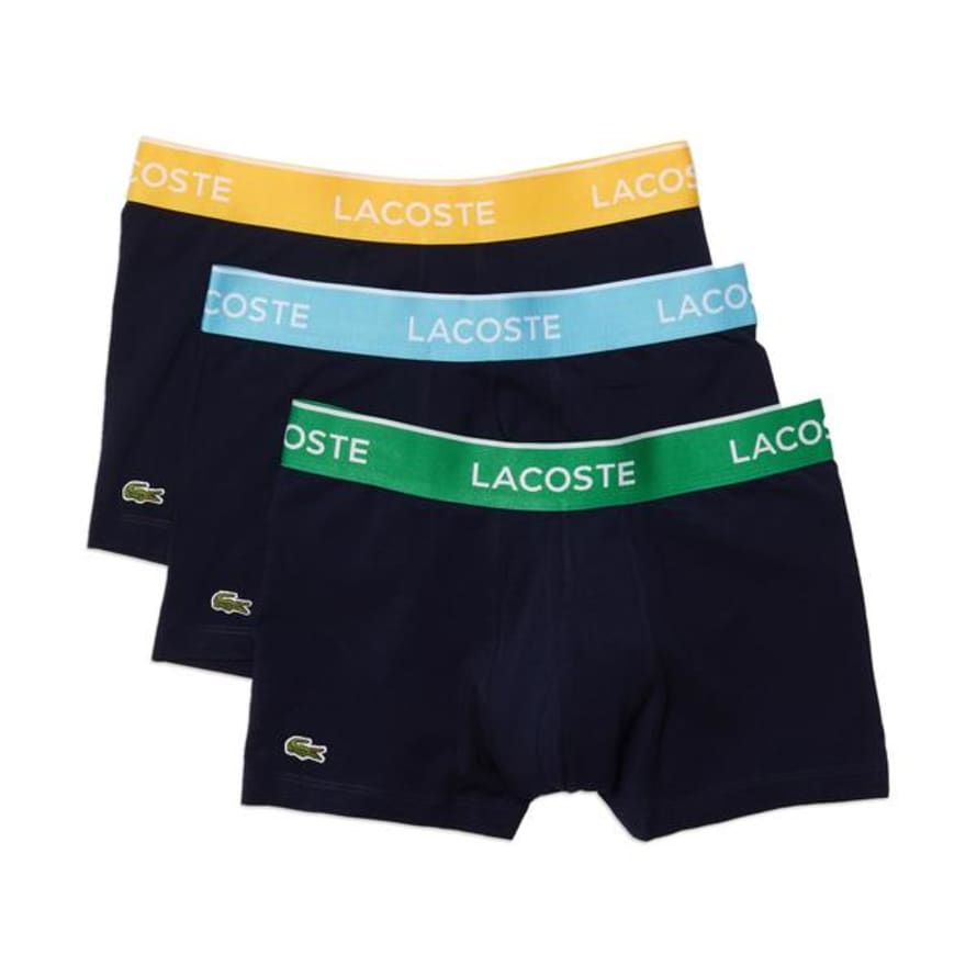 Lacoste 3 Pack Cotton Stretch Trunks Navy With Blue Green Yellow Waistband