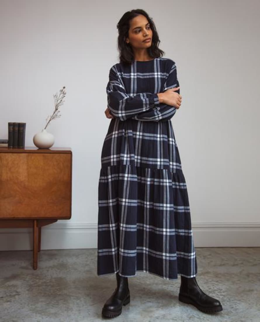 Beaumont Organic Mirabelle Kay Organic Cotton Dress In Navy White Check