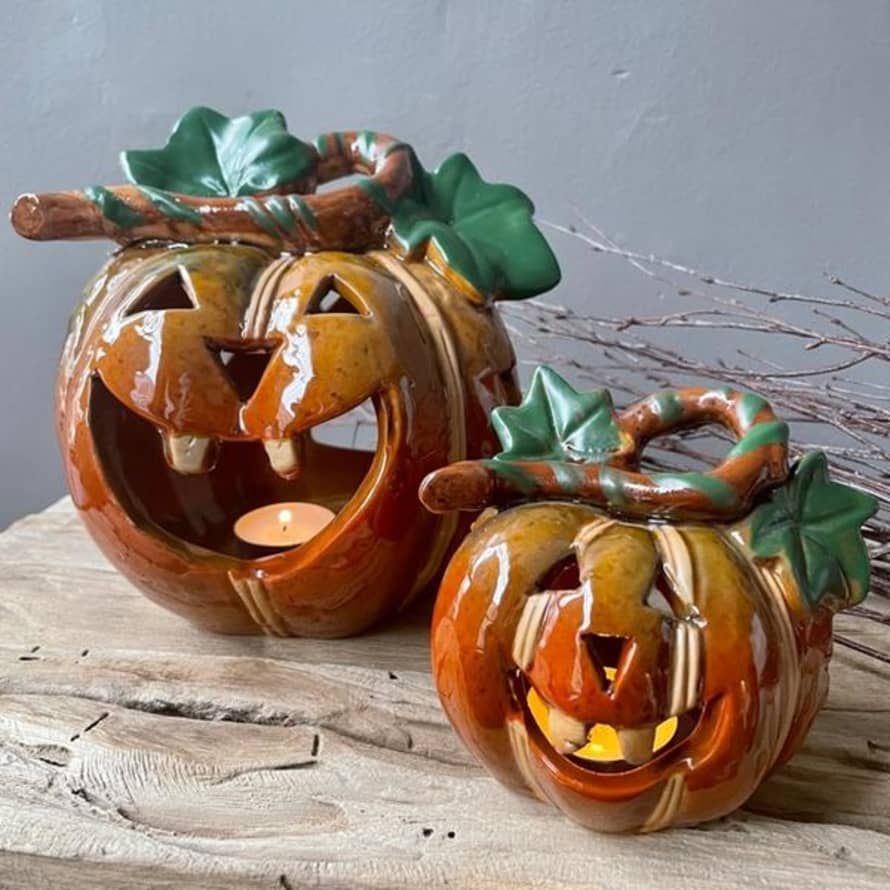 Gisela Graham Set Of 2 Ceramic Pumpkin Tealight Holders