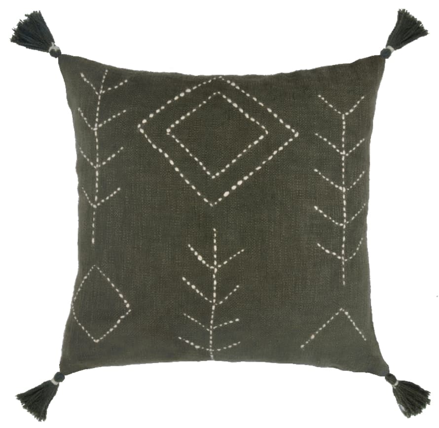 The Painted Bird Olive Green & Cream Stitched Cushion