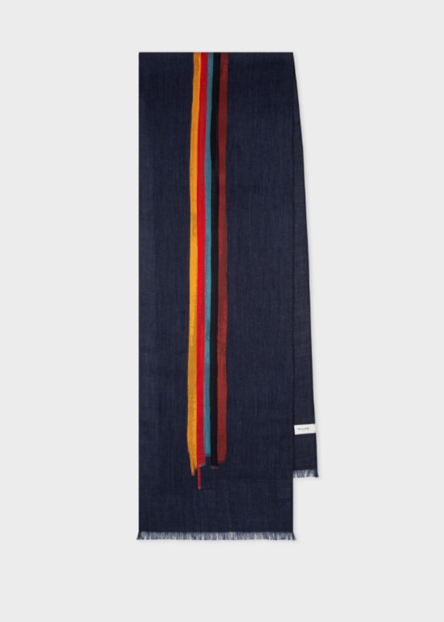 Paul Smih Navy 'Painted Stripe' Wool-Silk Scarf